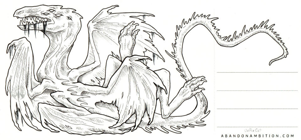 An ink drawing of a multi-limbed dragon on a postcard